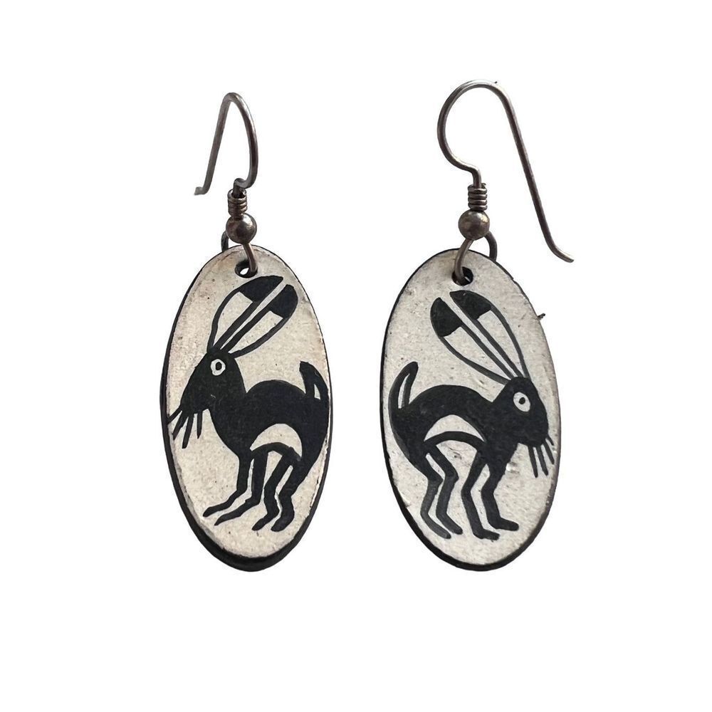 Vintage Southwestern Hook Earrings Bunny Oval Dangling Jewelry Silver